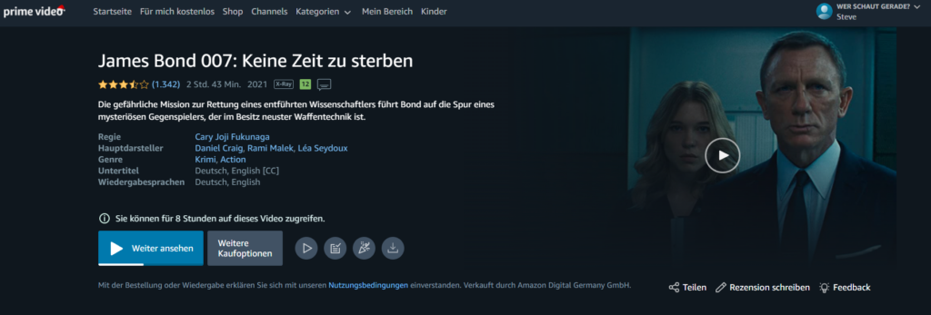 James Bond 007 No Time to Die - digital bei Amazon zur Leihe verfügbar / Bild-/Quelle: amazon.de