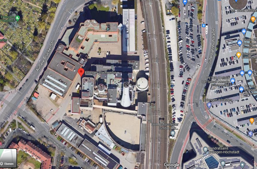 Google Maps Satelittenaufnahme der Erlanger Stadtwerke ESTW / Bild-/Quelle: google.com/maps
