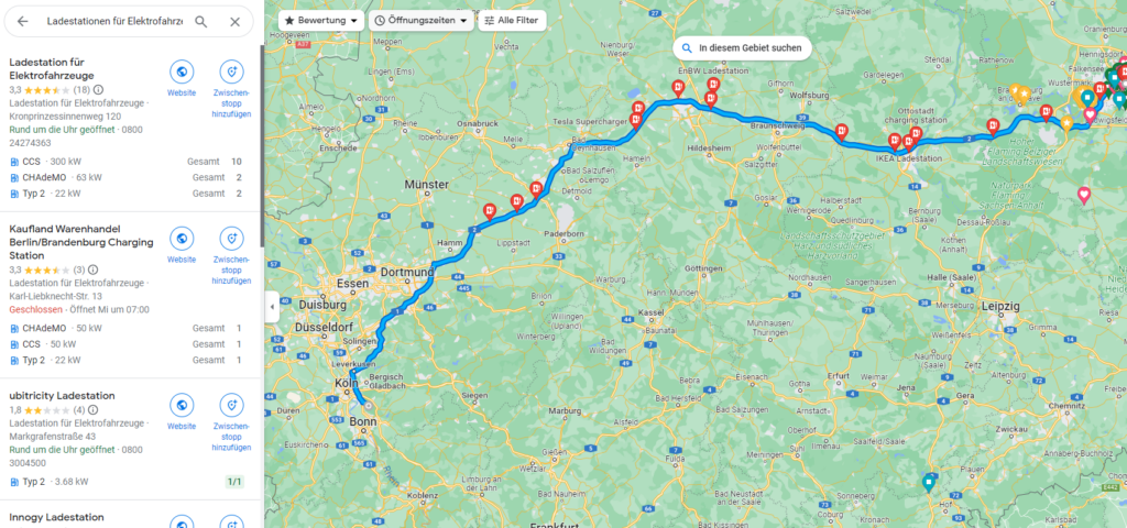 Google Maps, das erst nach diversen Serverfehlern endlich Ladestationen ausgeworfen hat... auch hier die Streckenführung / Bild-/Quelle: Google.de