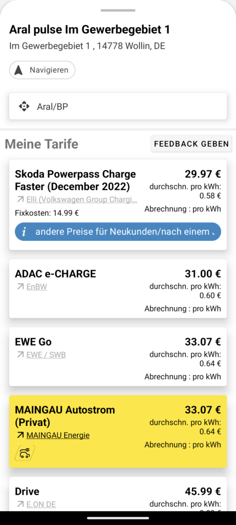Auszug nach hinterlegten Ladekarten und damit verbundenen Kosten der App Chargeprice / Bild-/Quelle: chargeprice.app