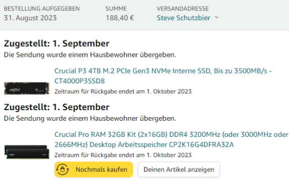 RAM und die SSD-Größe habe ich abweichend vom c't Bauvorschlag gekauft, hier war amazon der günstigste! / Bild-/Quelle: amazon.de