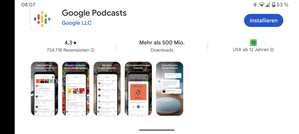 Die Reste von Google Podcast - wieder unstrukturiert und ohne Plan viel Geld für nichts verbrannt! ( Bild/-Quelle: Google Playstore, Google