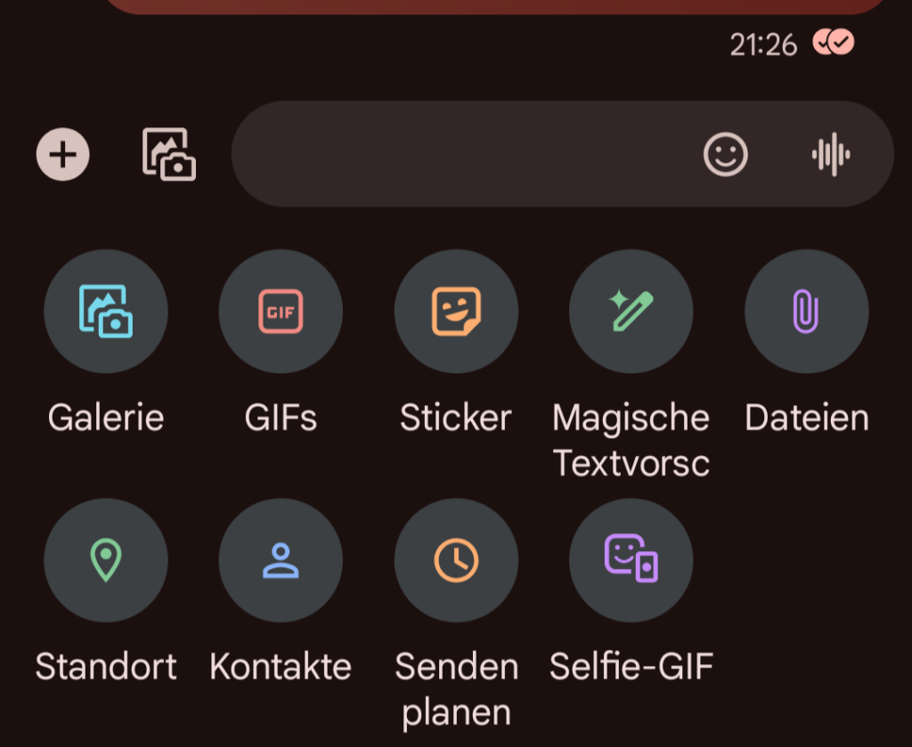 Das alles kann RCS: Per Plus kommen die beiden unteren Reihen mit weiteren Funktionen, neben dem "Plus" Bild und Video. Smiley dürfte klar sein, dahinter versteckt sich unter der "Welle" die Sprachnachricht. / Bild-/Quelle: ibdnhubzs.de
